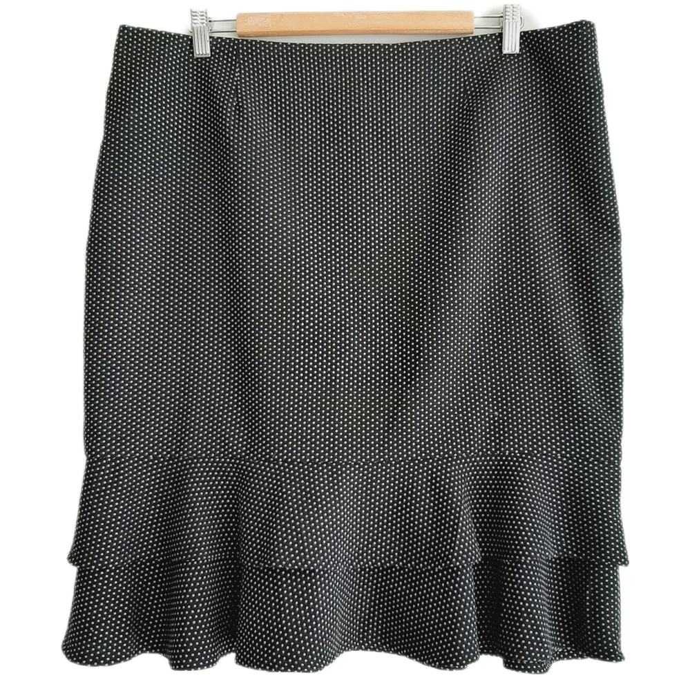 🍒 RICKI'S Double Ruffle Hem Pencil Knee Length Skirt B&W Polka Dots Sz 14